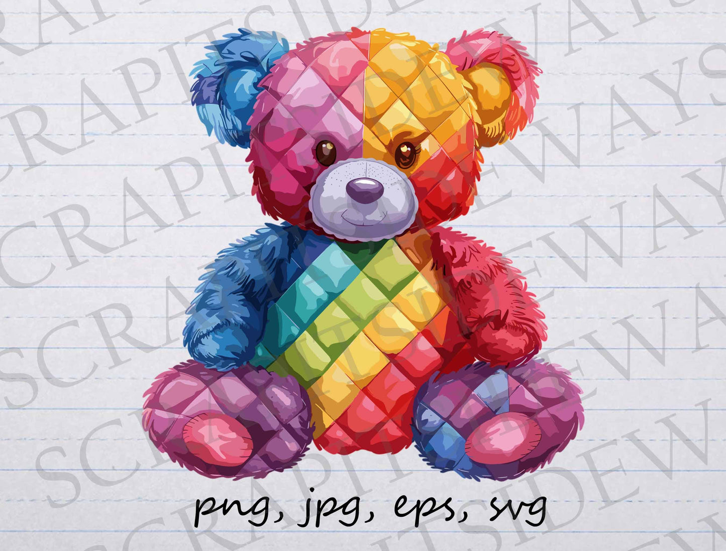 Rainbow patchwork teddy bear clip art clipart vector graphic svg png jpg eps, stuffed animal, stuffie