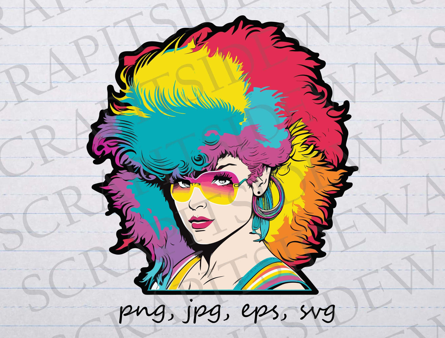 Retro 80s woman clip art clipart vector graphic svg png jpg eps, big hair, colorful hair, 80s pop star, 80s hair, 1980s