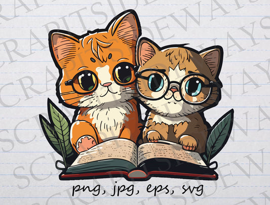 Cats reading a book clipart vector graphic svg png jpg eps cats with glasses book lover