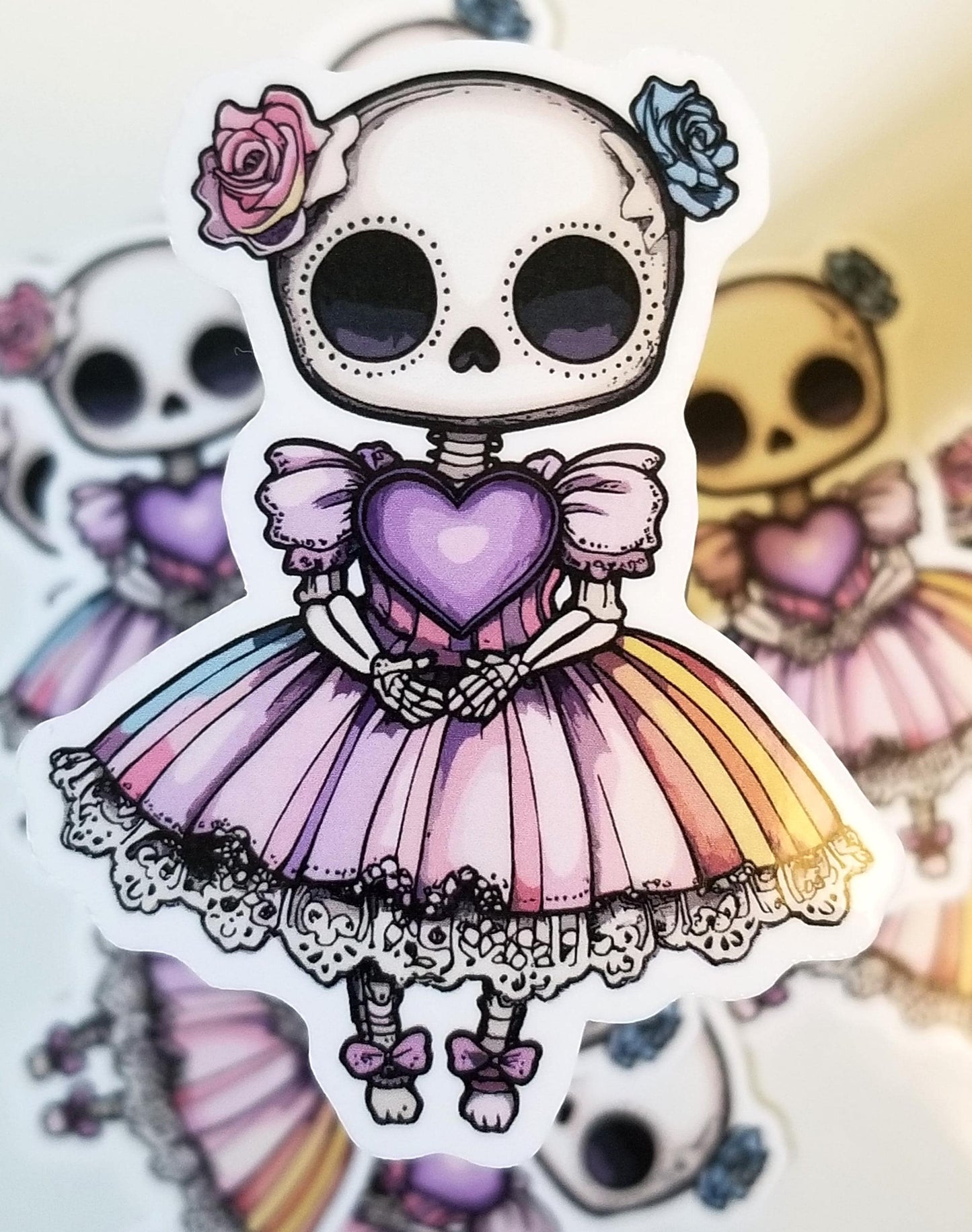 Patel goth skeleton girl vinyl sticker 3 inches, water resistant decal, cute skull, gothic girl in dress, heart skeleton, cute skeleton