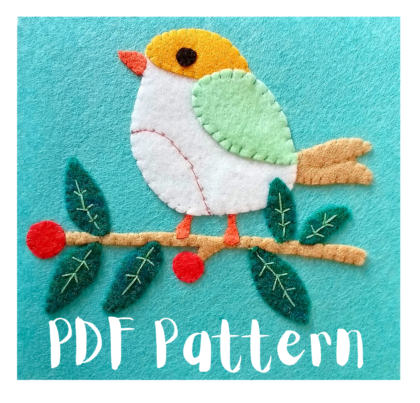 Cute bird on branch felt applique pdf pattern, wool embroidery template, mini pillow, embroidered felt pdf, country bird