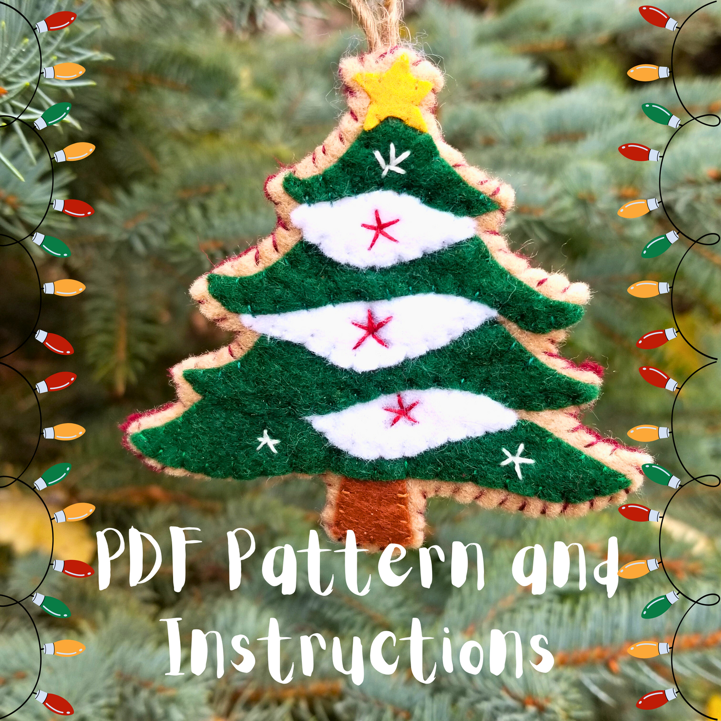 Felt Ornament pdf pattern Rustic Christmas Tree, wool embroidery template, sewing pattern, embroidered felt pdf, xmas, easy sewing template