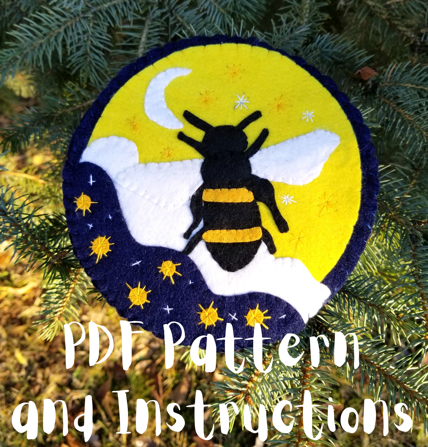 Celestial bee felt mug rug pdf pattern Night Bee, embroidery template, sewing pattern, embroidered felt pdf, embroidery pattern, bumble bee