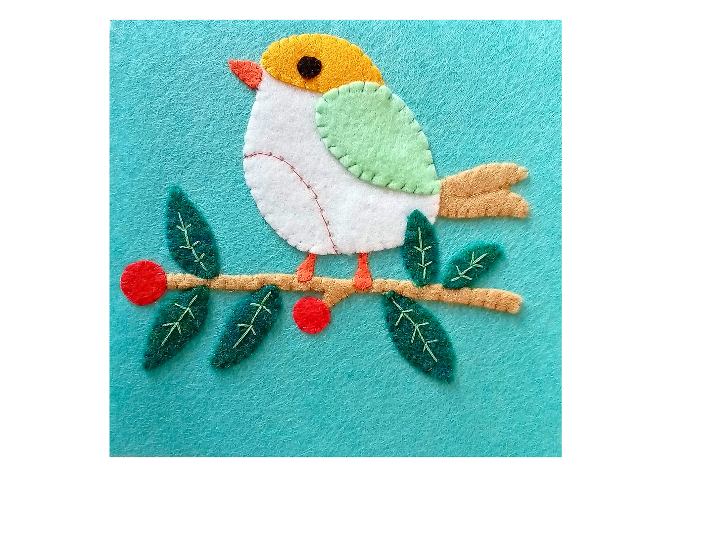 Cute bird on branch felt applique pdf pattern, wool embroidery template, mini pillow, embroidered felt pdf, country bird