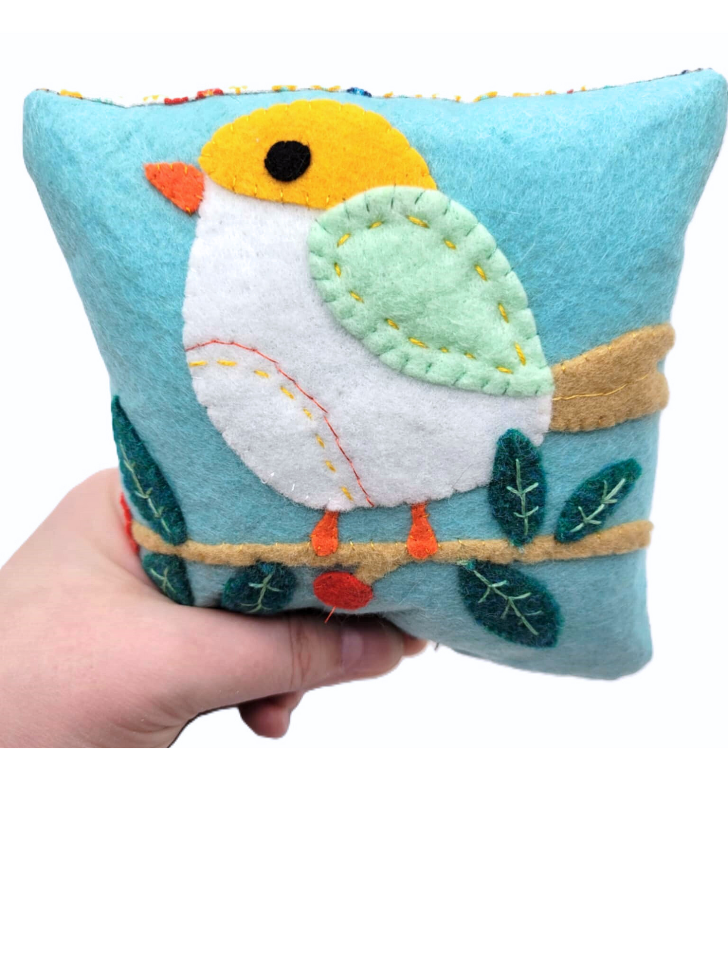 Cute bird on branch felt applique pdf pattern, wool embroidery template, mini pillow, embroidered felt pdf, country bird