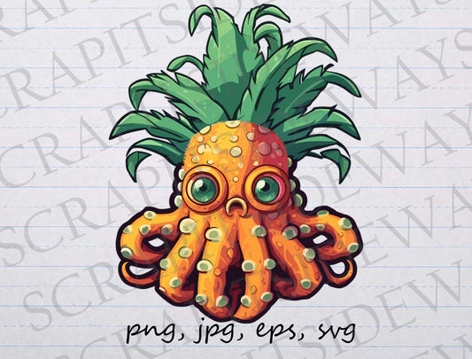 Octopus pineapple clip art clipart vector graphics svg png jpg eps, strange creature, sea creature, hybrid animal