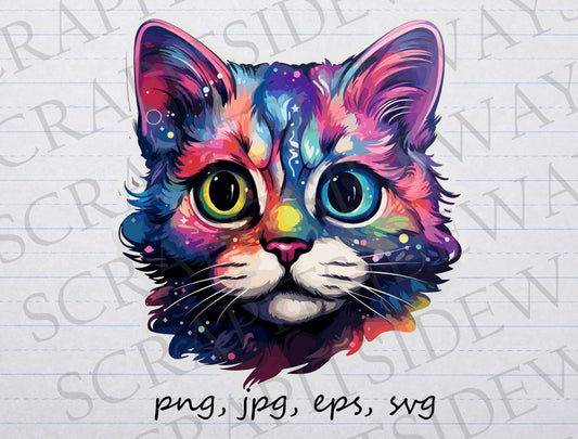 Colorful galaxy cat clipart vector graphic svg png jpg eps kitty space tie dye rainbow kitten with big eyes