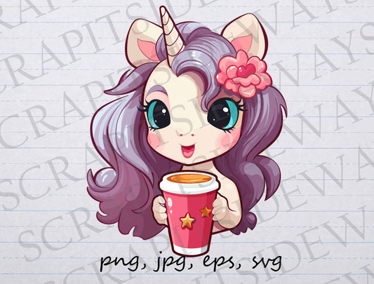 Unicorn drinking coffee clip art clipart vector graphic svg png jpg eps, cute unicorn, unicorn coffee