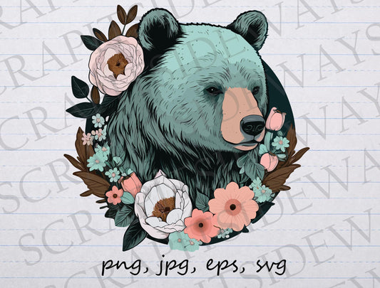 Boho bear with flowers clipart vector graphic svg png jpg eps t-shirt design bohemian style bear