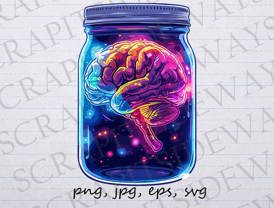 Neon brain in a jar clip art clipart vector graphic svg png jpg eps brain with galaxies colorful