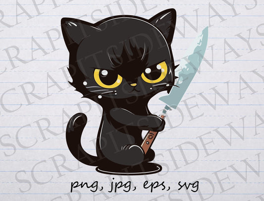 Cat with knife clipart vector graphic svg png jpg eps creepy kitty murder cat scary cat