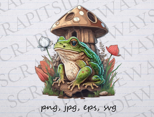 Cute frog with mushroom house clipart clip art vector graphic svg png jpg eps cute frog, toadstool frog, frog scene, toad,