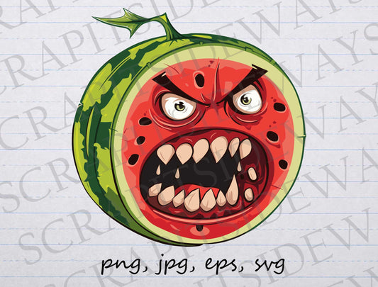 Angry watermelon clip art clipart vector graphic svg png jpg eps, funny food, funny watermelon, mad watermelon, grumpy watermelon, evil