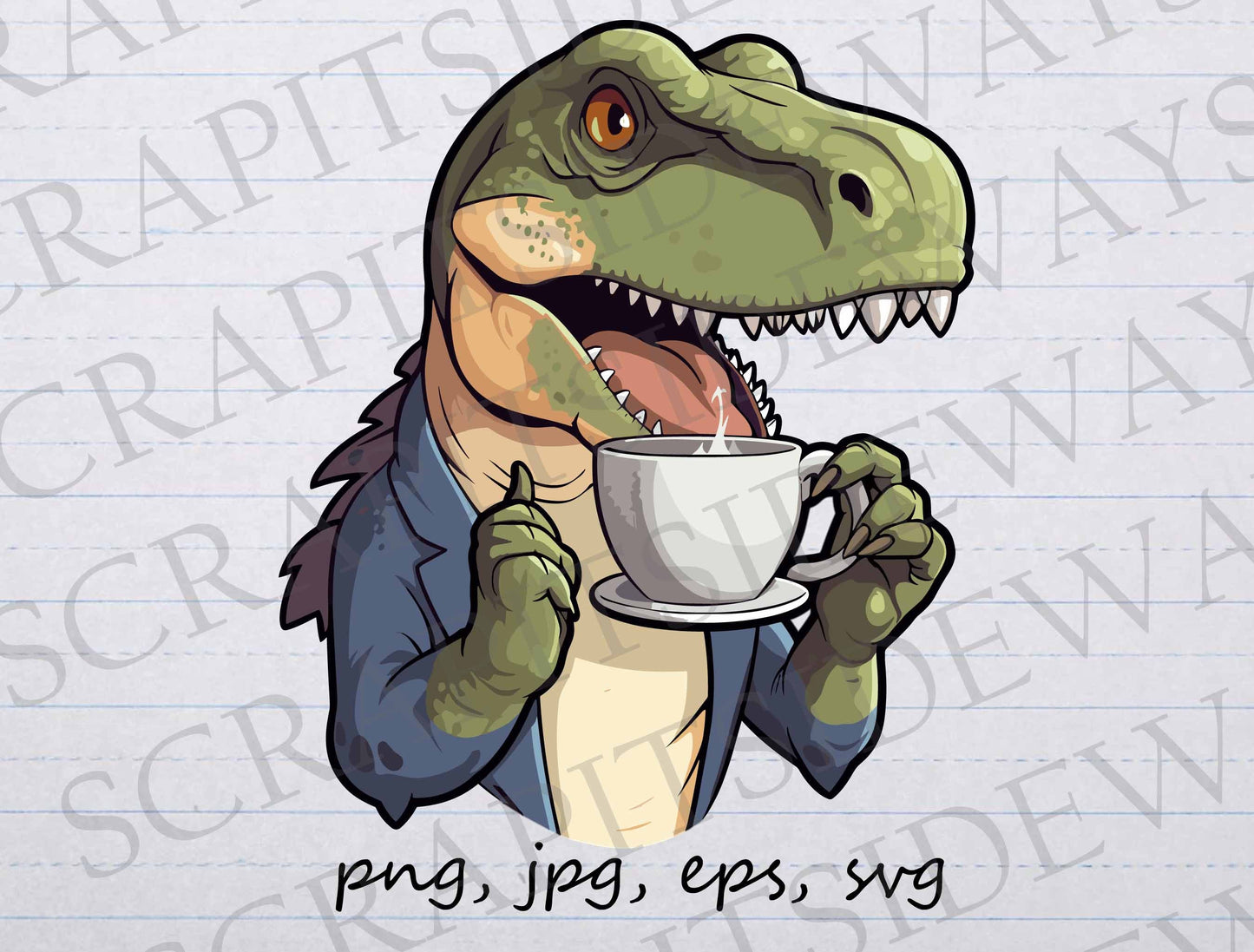 Tea rex clip art clipart vector graphic svg png jpg eps, trex, dinosaur drinking tea