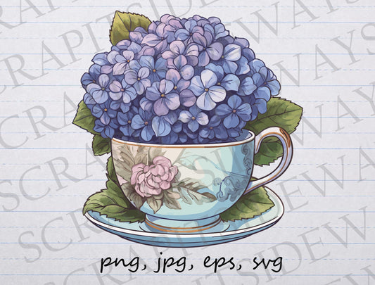 Hydrangeas in a teacup clipart vector graphic svg png jpg eps, flowers in a teacup, hydrangea, pretty tea cup, hydrangea tea cup