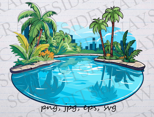 Pool oasis clip art clipart vector graphic svg png jpg eps, summer, swimming pool, tropical pool, backyard pool