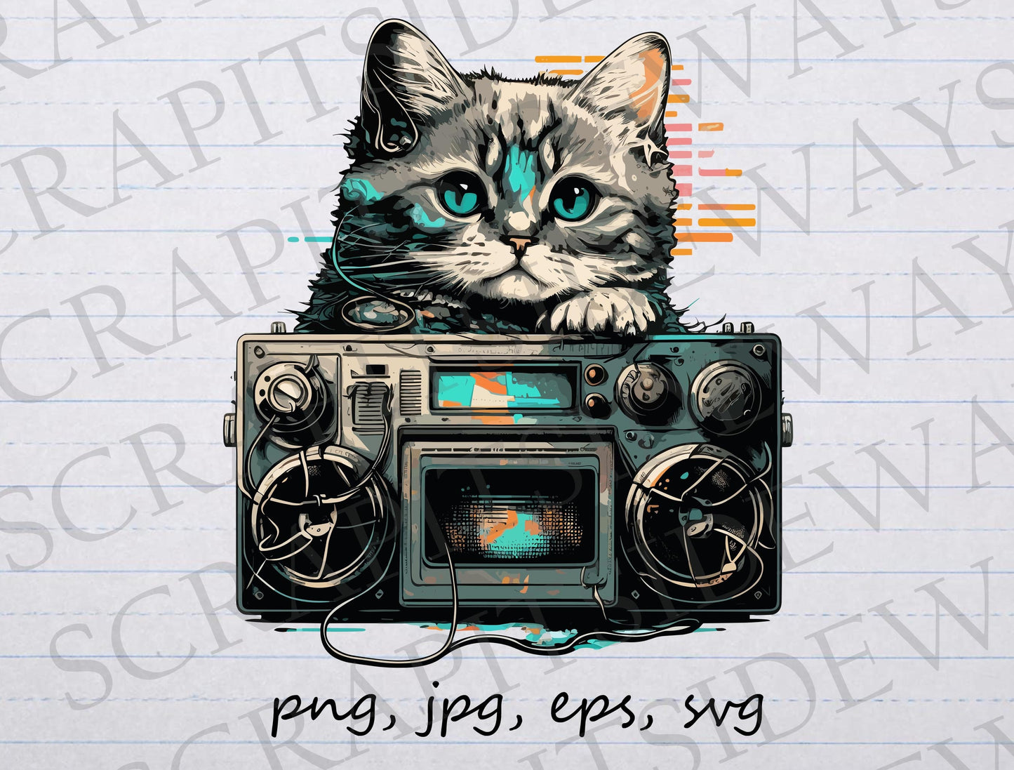 Boom Box cat clipart vector graphic svg png jpg eps kitty vintage music stereo cat retro music