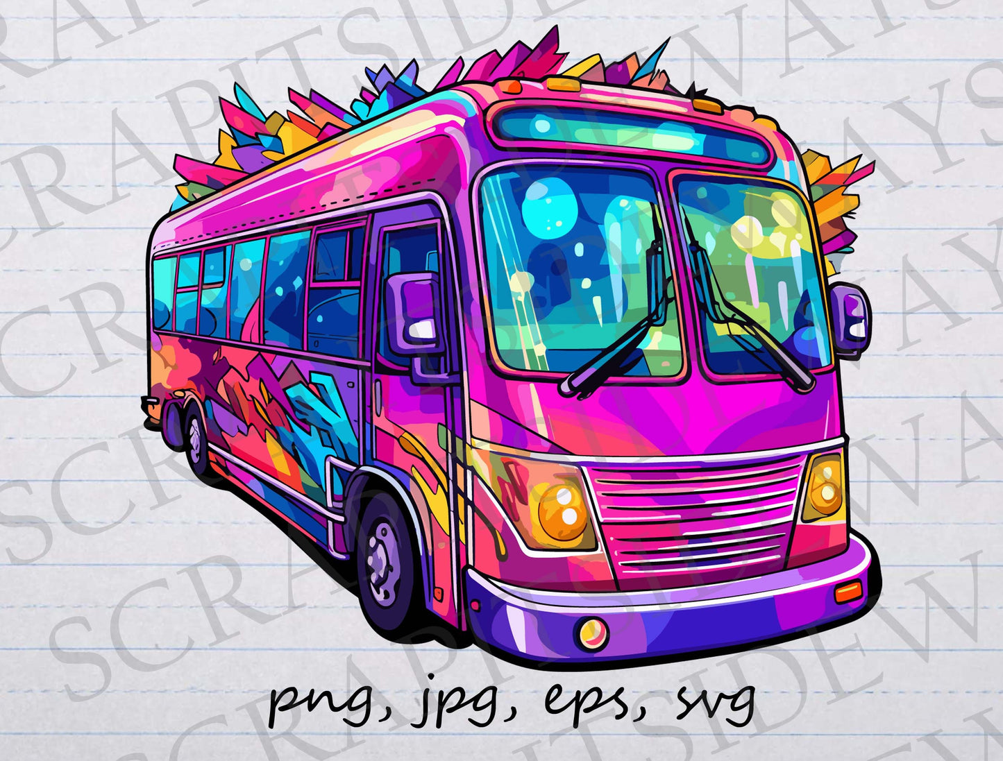 Party bus clip art clipart vector graphic svg png jpg eps, party coach, colorful bus, fun bus, funky bus, rainbow bus