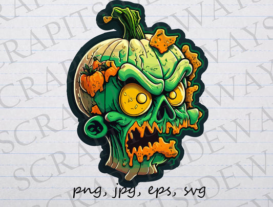 Creepy zombie pumpkin clipart vector graphic svg png jpg eps halloween spooky gross