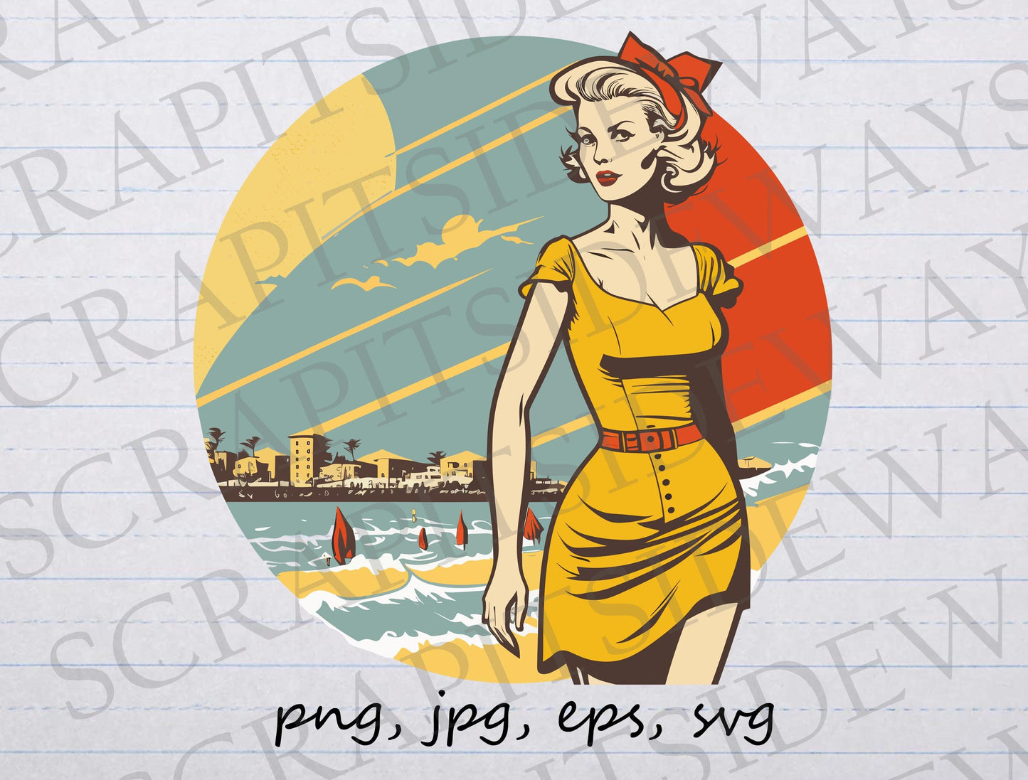 Retro woman at the beach clipart vector graphic svg png jpg eps sticker design t-shirt design vintage woman vintage beach