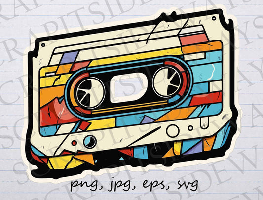 Stained glass cassette tape clip art clipart vector graphic svg png jpg eps mosaic cassette tape, retro music, 80s music, vintage music