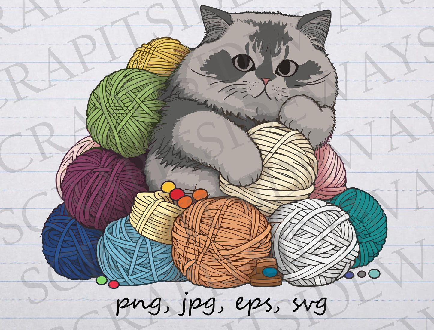 Cat with yarn clipart vector graphic svg png jpg eps cute cat with lots of yarn balls sticker design t-shirt design