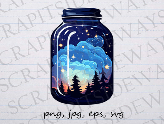 Night sky in a mason jar clip art clipart vector graphic svg png jpg eps mason jar, mason jar twilight, mason jar moonlit night