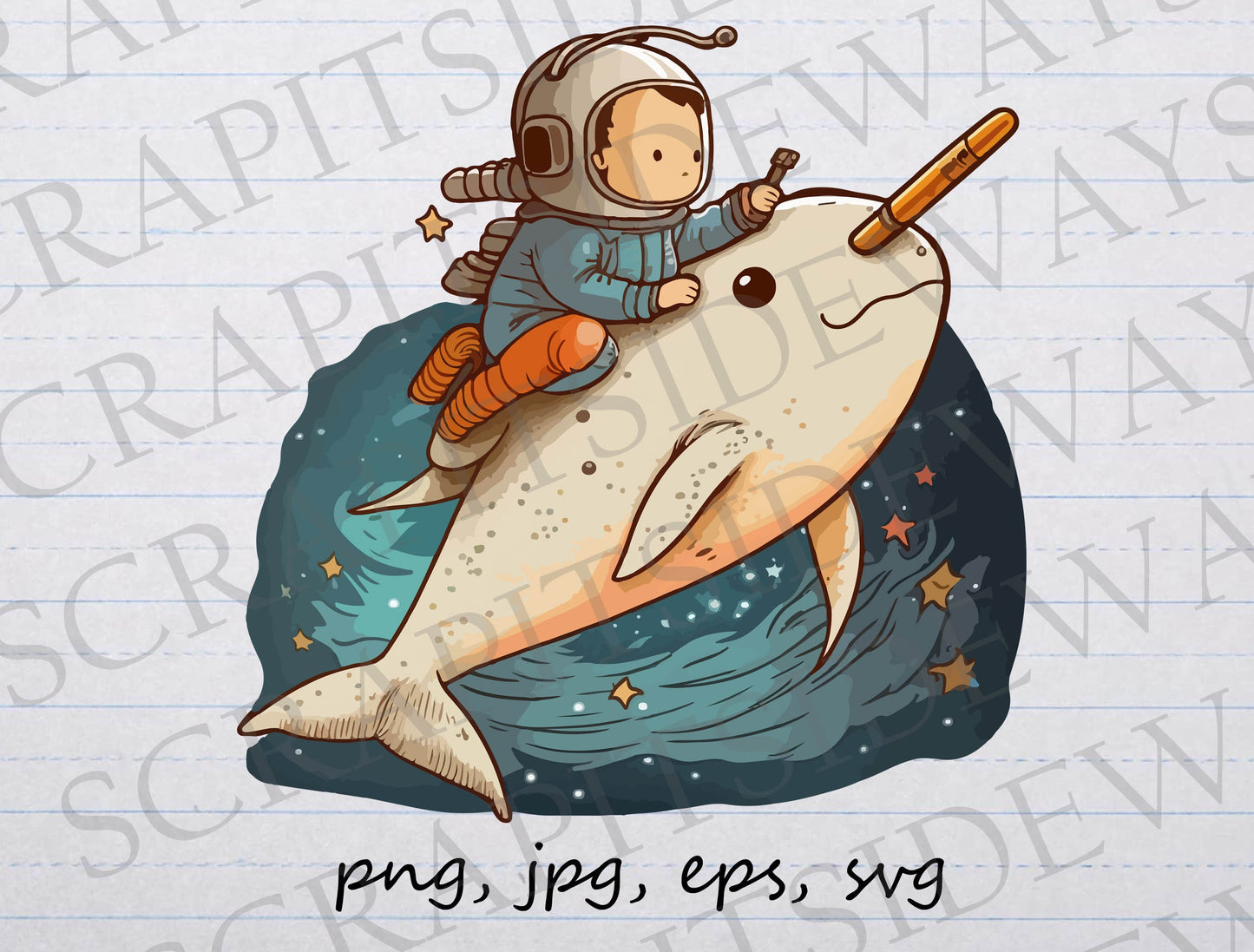 Astronaut riding a narwhal clipart vector graphic svg png jpg eps cute outer space ocean