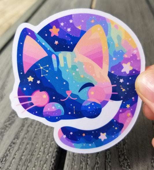 Cute galaxy cat vinyl sticker 3 inches, water resistant decal, outer space cat, cat with stars, pastel cat, cat sleeping, cat lover, kitty