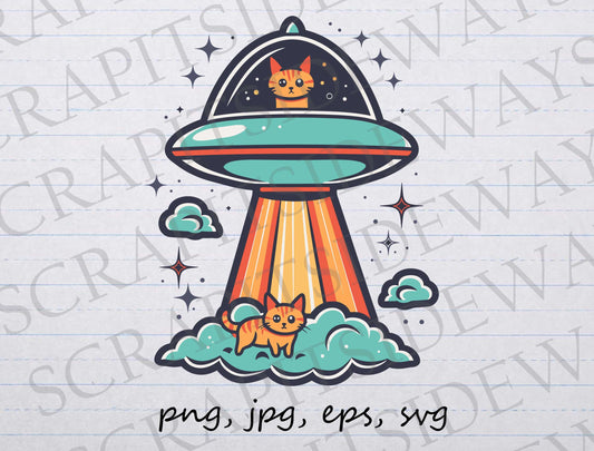 UFO cat being abducted clip art vector graphic svg png jpg eps clipart graphic, aliens, outer space, alien abduction, funny cat, cat alien