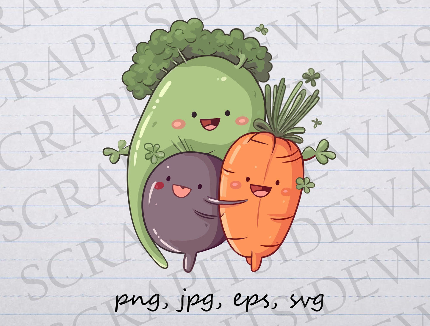 Cute kawaii Veggies clipart vector graphic svg png jpg eps garden vegetarian vegan food plants broccoli eggplant carrot vegetables