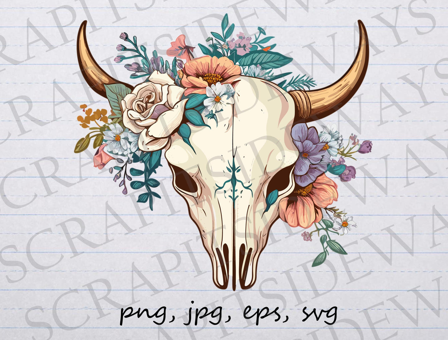 Boho cow skull clipart vector graphic svg png jpg eps floral cow skull, flower cow skull, boho chic, bohemian skull, western skull