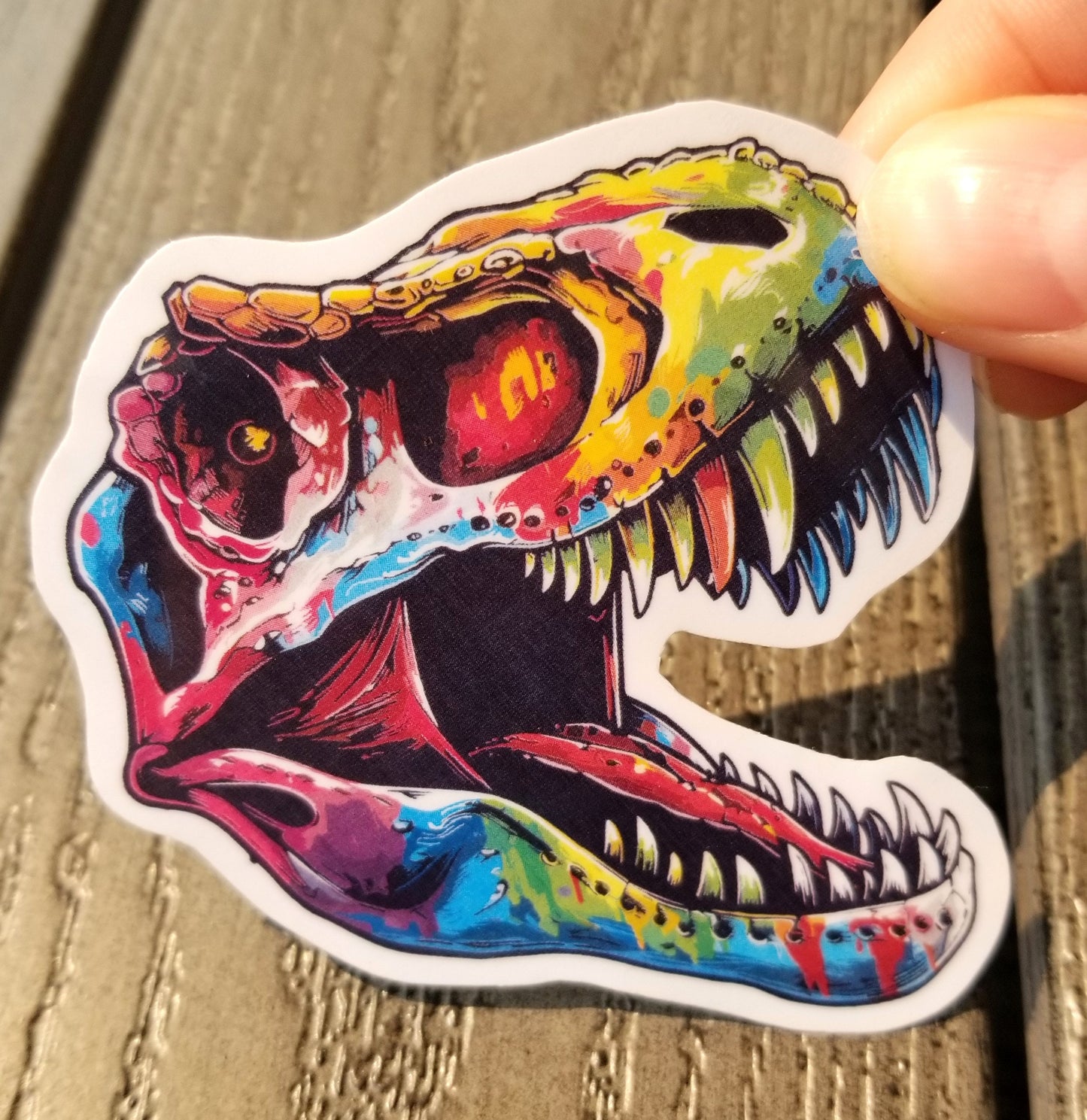 Rainbow T-Rex vinyl sticker 3 inches, water resistant decal, Colorful dinosaur, hungry dinosaur, trippy trex