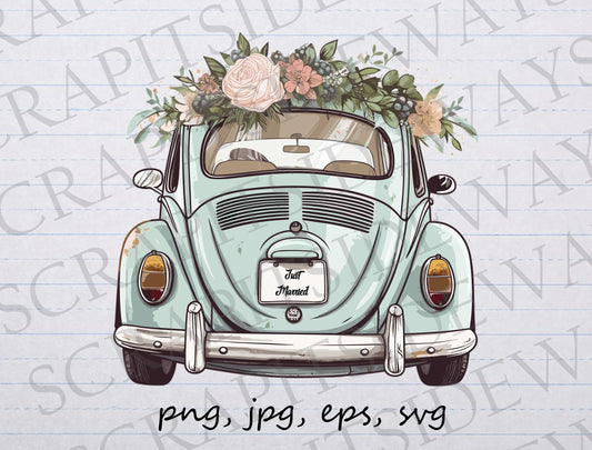 Just married car clip art clipart vector graphic svg png jpg eps, wedding car, wedding get away, just married, marriage car