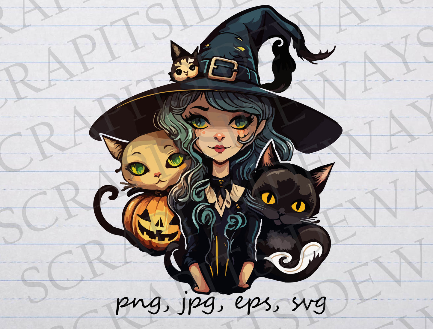 Cute witch with cats clipart vector graphic svg png jpg eps halloween gothic goth