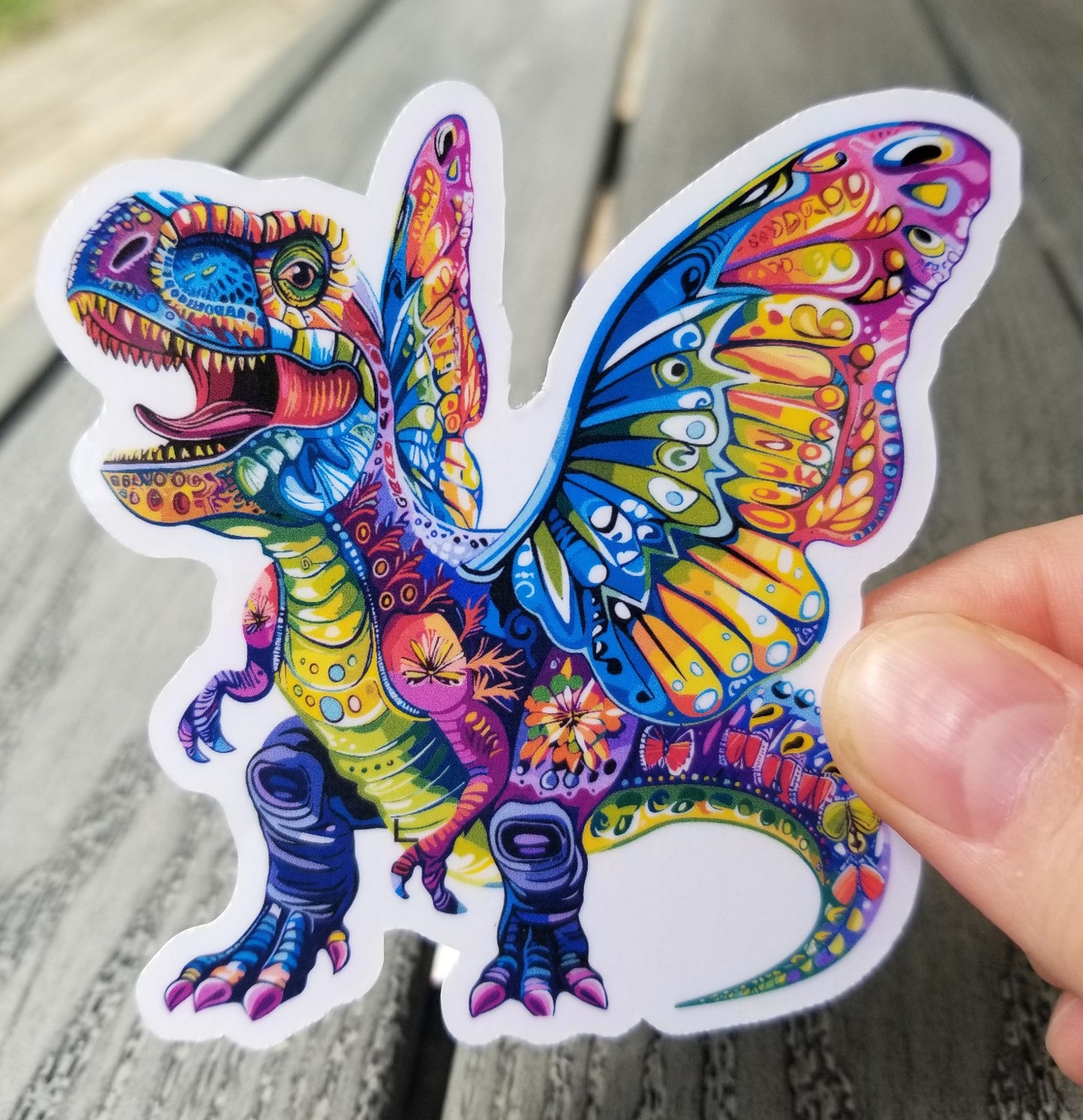 T REX butterfly vinyl sticker 3 inches, water resistant decal, dinosaur butterfly, colorful dinosaur, rainbow dinosaur, funny t-rex