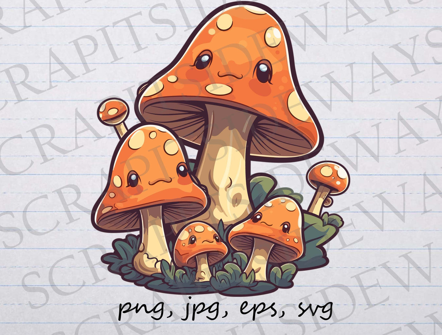 Cute Kawaii Mushroom mom and babies clipart vector graphic svg png jpg eps, mycology, fungi, shrooms, happy mushrooms, mushroom kids