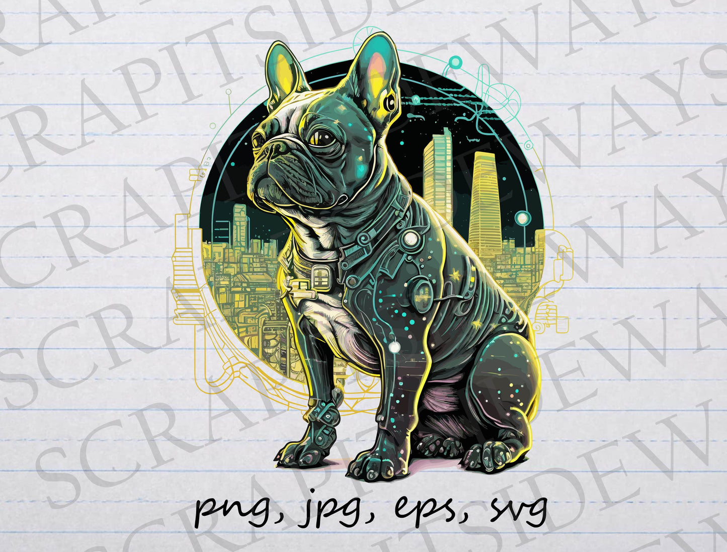 Cute Cyborg french bulldog clipart vector graphic svg png jpg eps sci fi dog cyberpunk bulldog