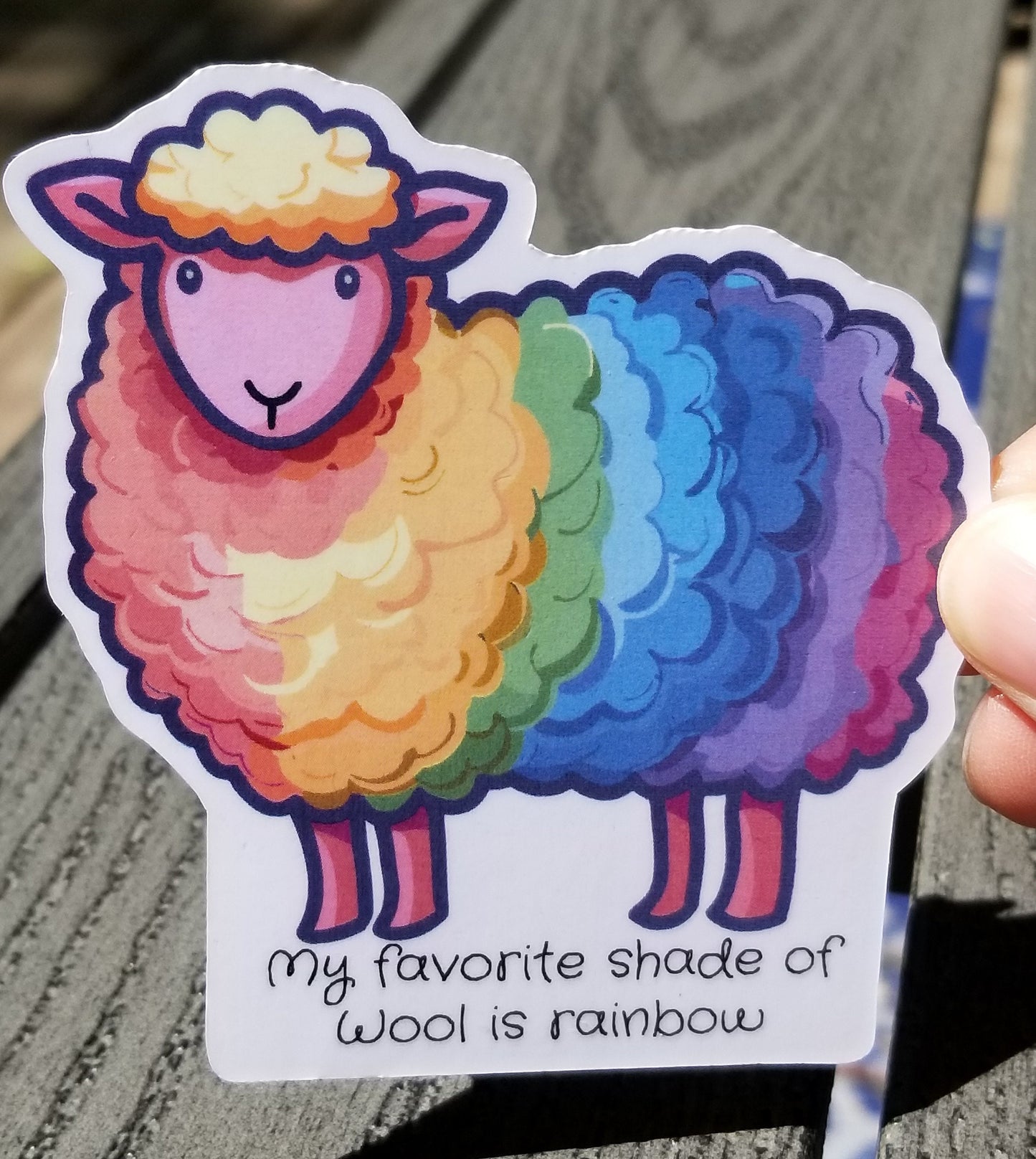 rainbow wool vinyl sticker 3 inches, water resistant decal, my favorite shade of wool is rainbow, wool spinner, wool spinning, fiber artist