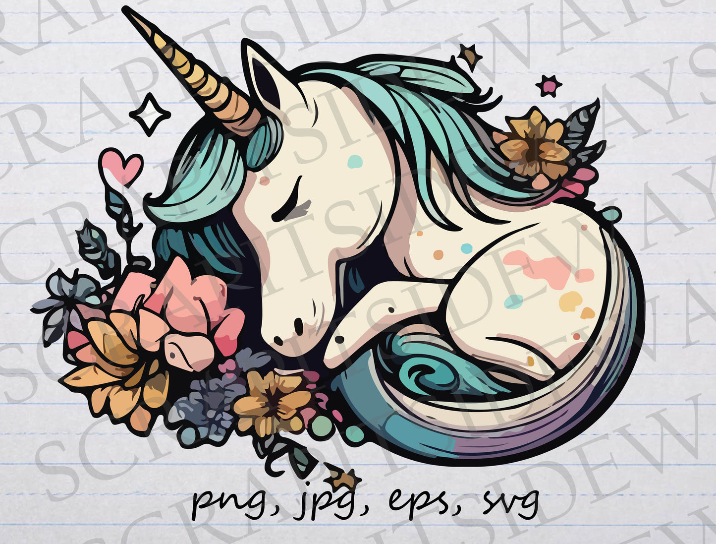 unicorn sleeping in bed of flowers clipart vector graphic svg png jpg eps magical creature