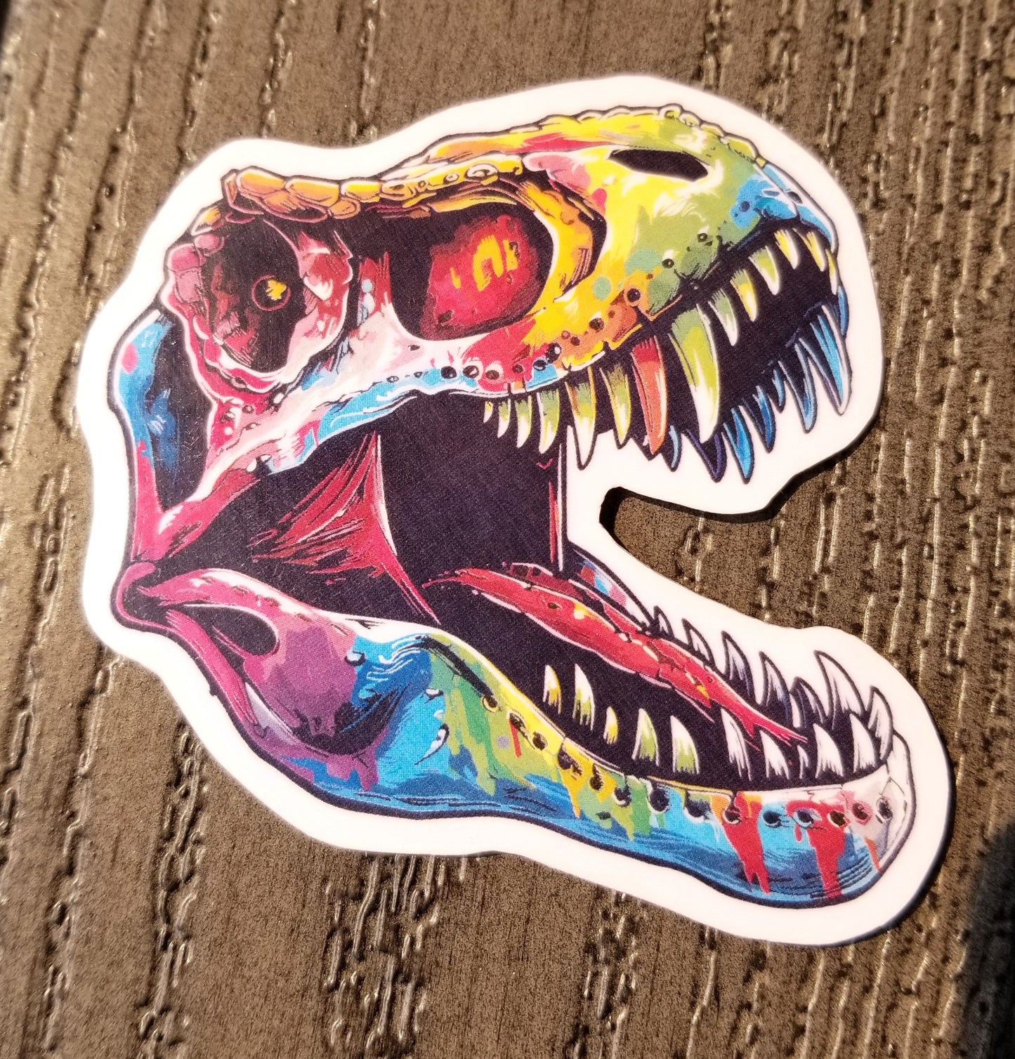 Rainbow T-Rex vinyl sticker 3 inches, water resistant decal, Colorful dinosaur, hungry dinosaur, trippy trex