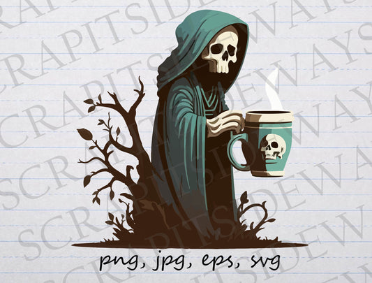 Death holding a coffee cup clipart vector graphic svg png death before coffee dead before coffee