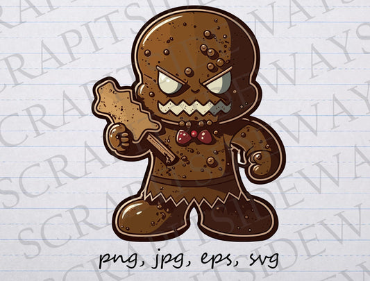 Evil gingerbread man clipart vector graphic svg png jpg eps t-shirt design sticker design Christmas cookie angry cookie