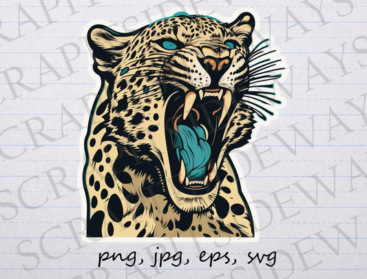 Leopard roaring clip art clipart vector graphic svg png jpg eps, 90s style, tattoo leopard, yelling leopard