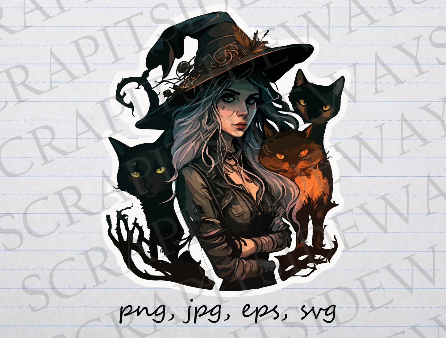 Beautiful witch with cats clipart vector graphic svg png jpg eps halloween gothic goth