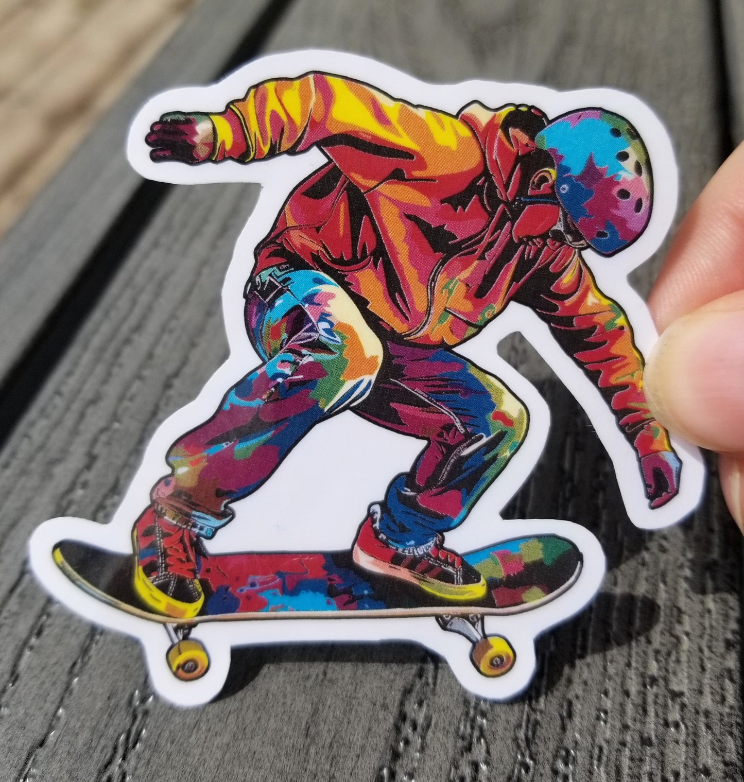 Colorful skateboarder vinyl sticker 3 inches, water resistant decal, skateboarding, paint splatter skate board, rainbow skateboarder