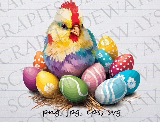 Easter Chicken clipart vector graphic svg png jpg eps chick with painted eggs