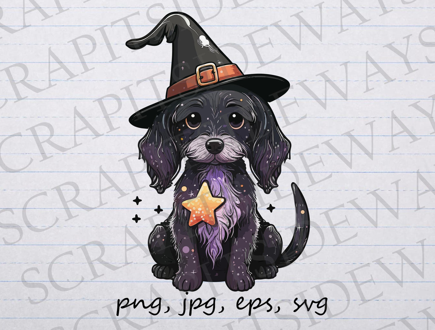 Cute dog witch clipart vector graphic svg png jpg eps halloween witch hat