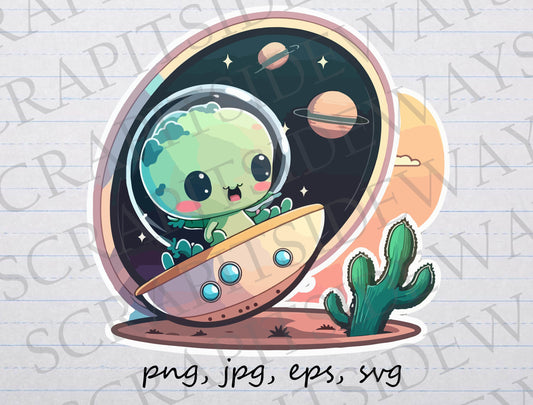 Cute alien coming through portal clipart vector graphic svg png jpg eps alien portal alien crashing into cactus