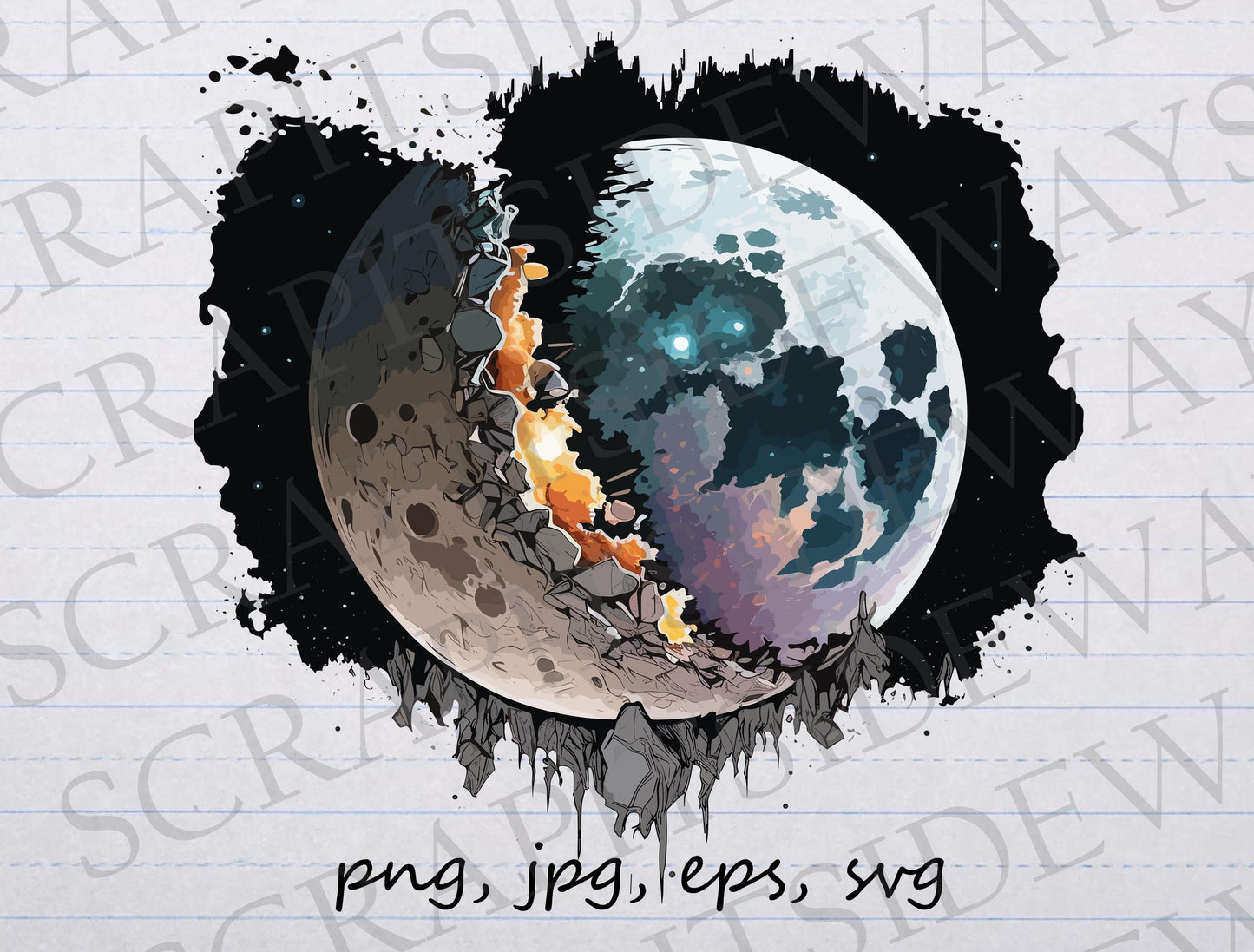 Moon breaking apart clipart vector graphic svg png jpg eps t-shirt design sticker design apocalypse apocalyptic